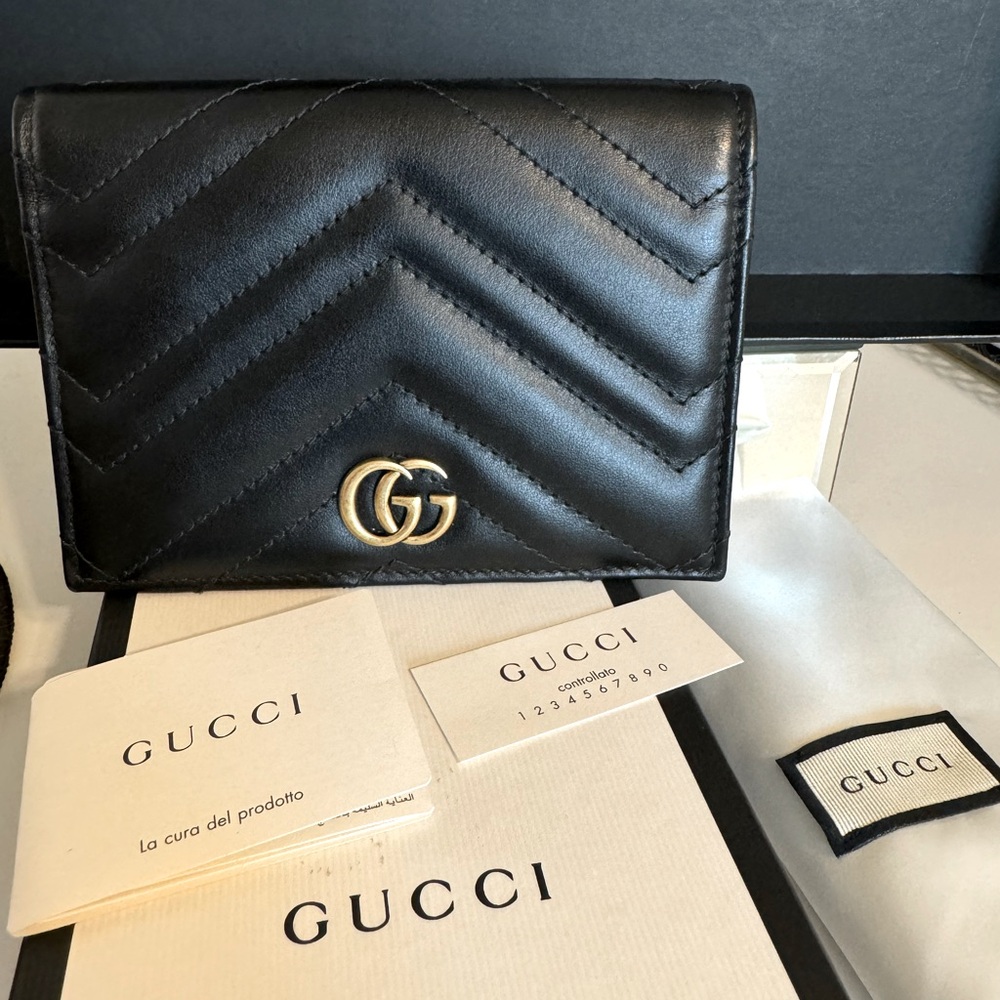 Gucci Marmont GG Chevron Black Leather Passport Holder Wallet